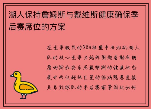 湖人保持詹姆斯与戴维斯健康确保季后赛席位的方案